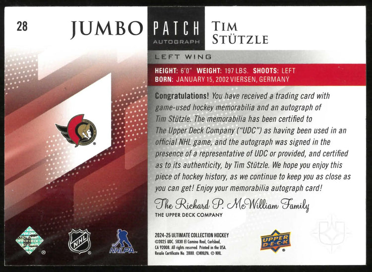 2024-25 Upper Deck Ultimate Collection Tim Stutzle Jumbo Patch Autographs #/10 