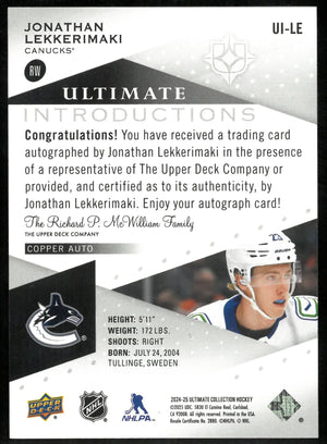 2024-25 Upper Deck Ultimate Collection Ultimate Introductions Rookie Auto Jonathan Lekkerimaki 