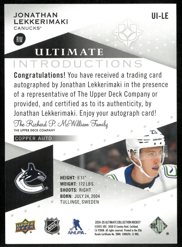 2024-25 Upper Deck Ultimate Collection Ultimate Introductions Rookie Auto Jonathan Lekkerimaki 
