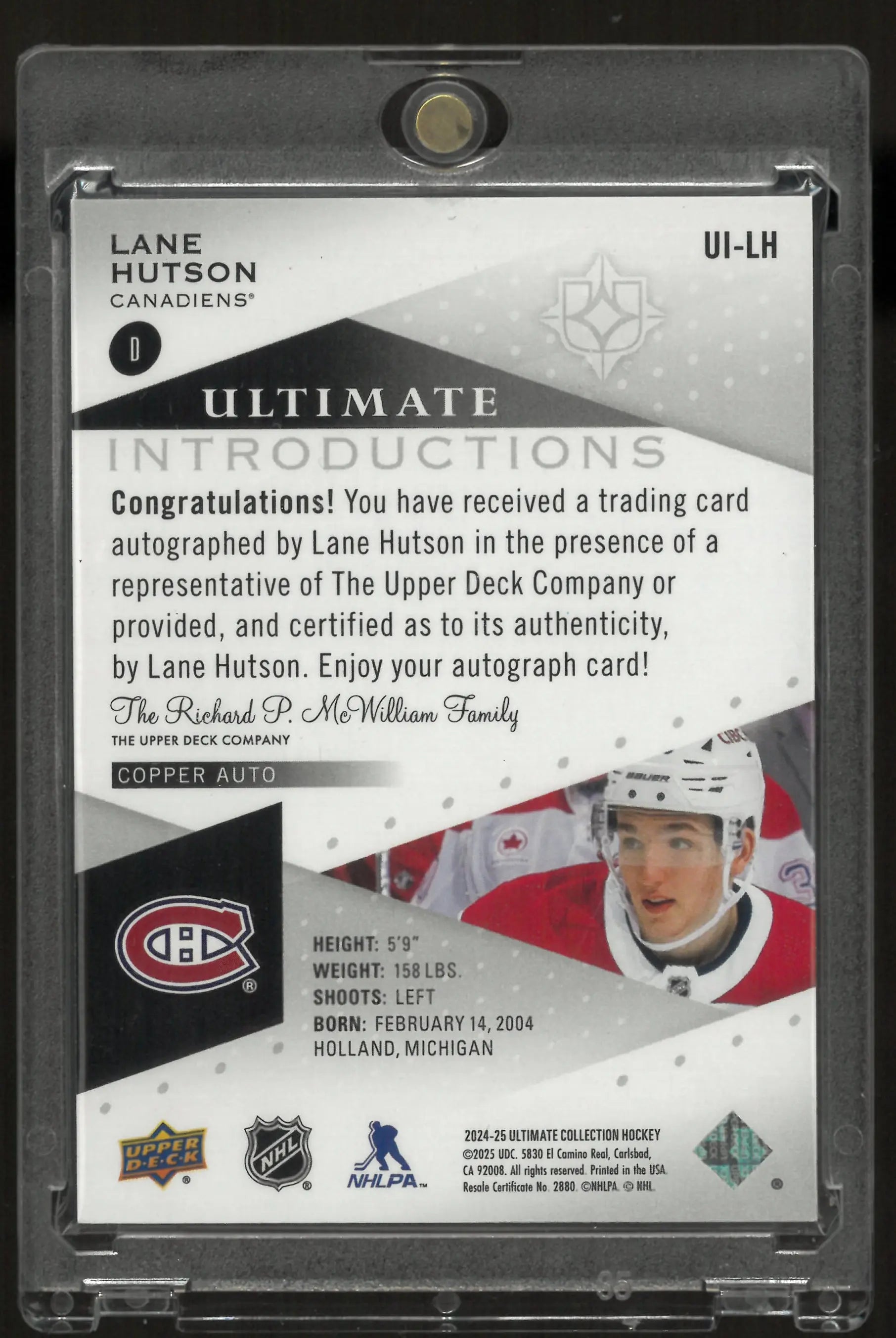 2024-25 Upper Deck Ultimate Hockey Introductions Lane Hutson RC Auto 
