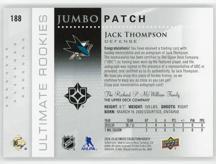 2024-25 Upper Deck Ultimate Rookie Patch Autograph Jack Thompson Auto /15 RC 