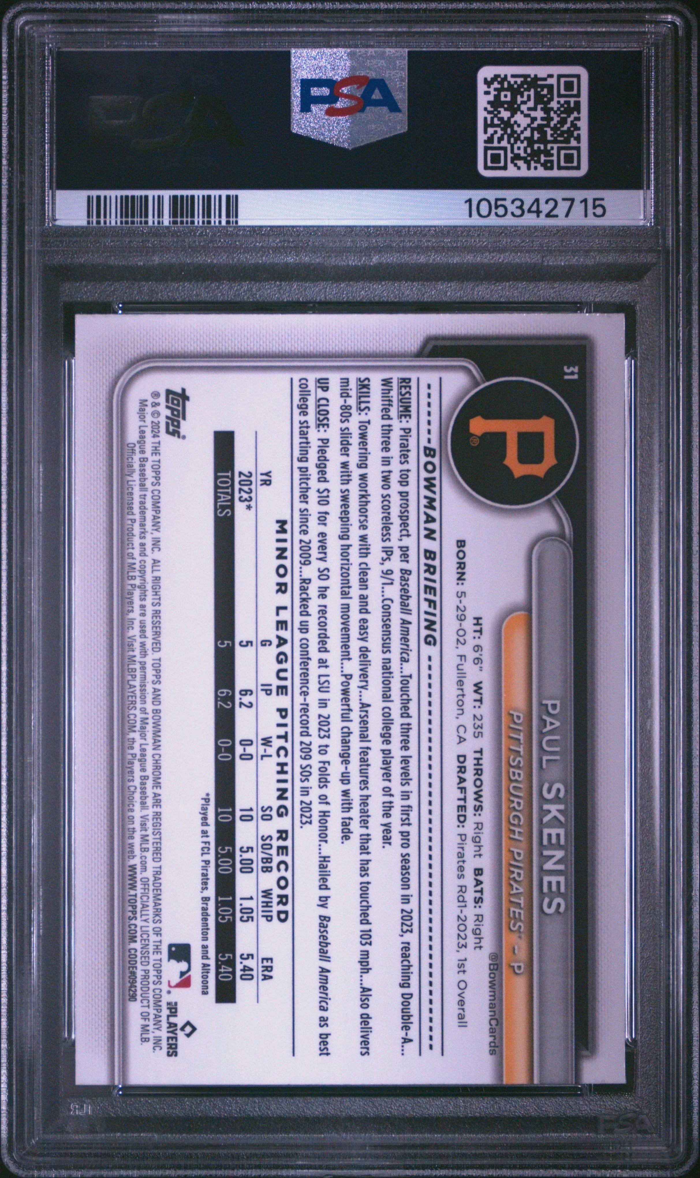 2024 Bowman Chrome Mega Box Paul Skenes RC Rookie Pink Refractor /199 PSA 10 