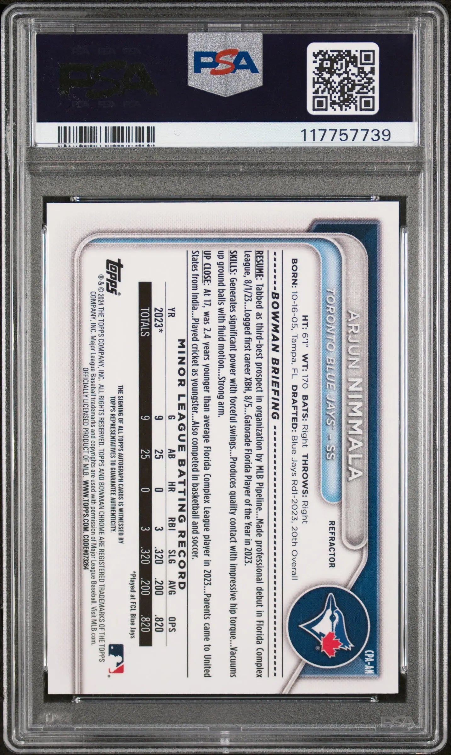 2024 Bowman Chrome Prospect Autographs Arjun Nimmala Auto Refractor /499 PSA 9 