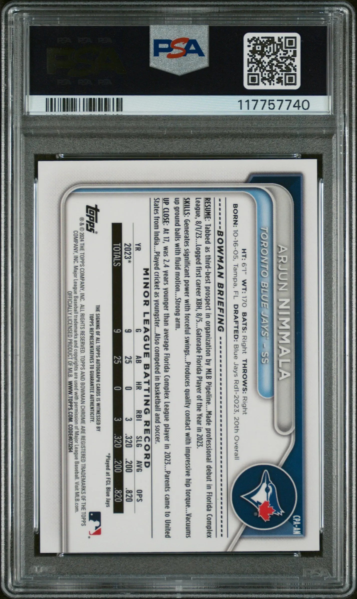 2024 Bowman Chrome Prospect Autographs Arjun Nimmala PSA 9 