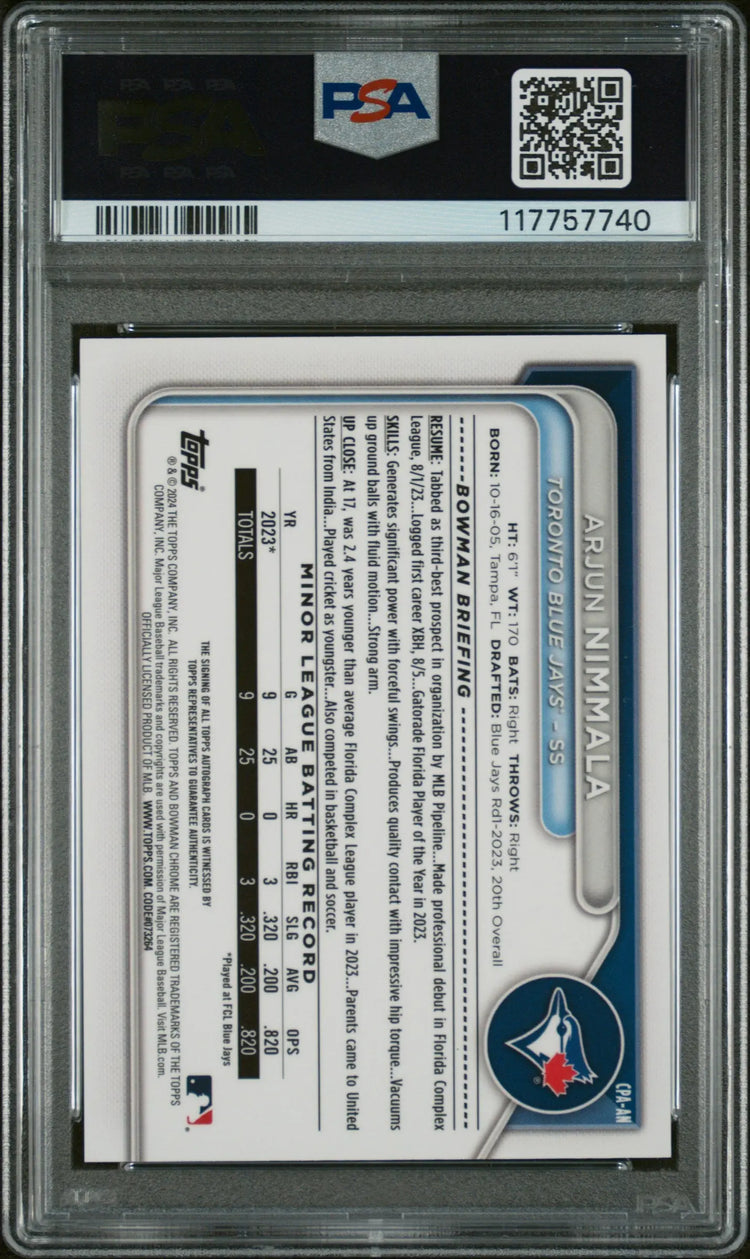 2024 Bowman Chrome Prospect Autographs Arjun Nimmala PSA 9 