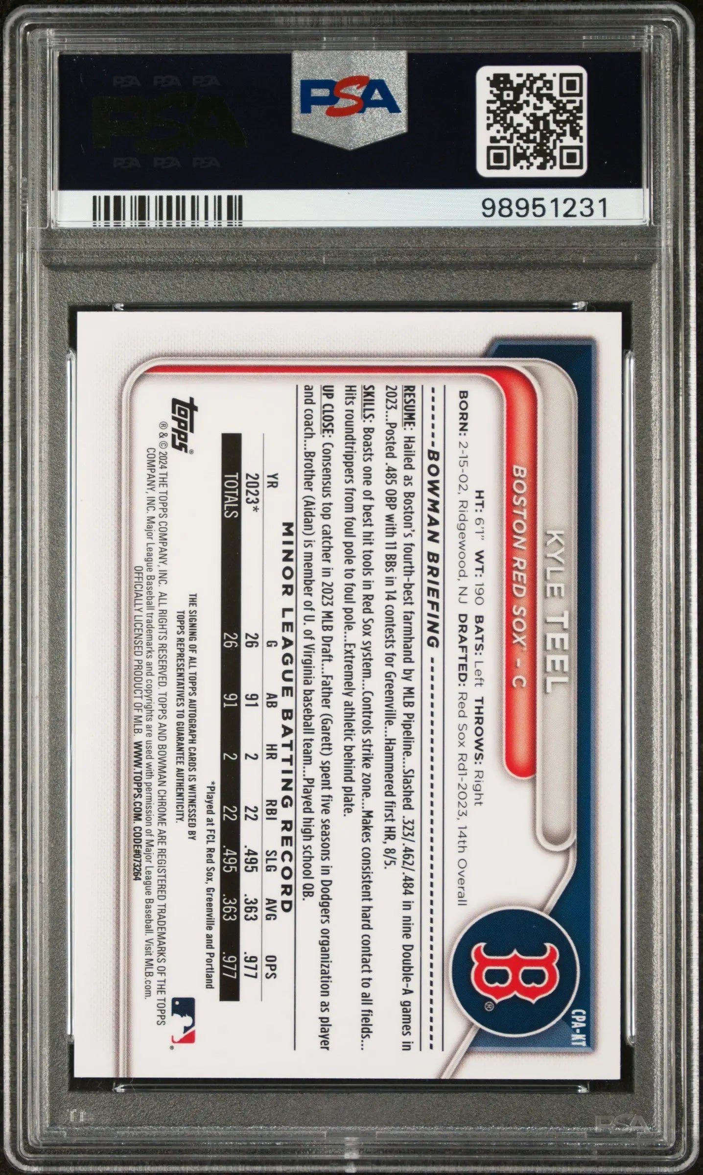2024 Bowman Chrome Prospect Autographs Kyle Teel Auto Speckle Ref /299 PSA 10 