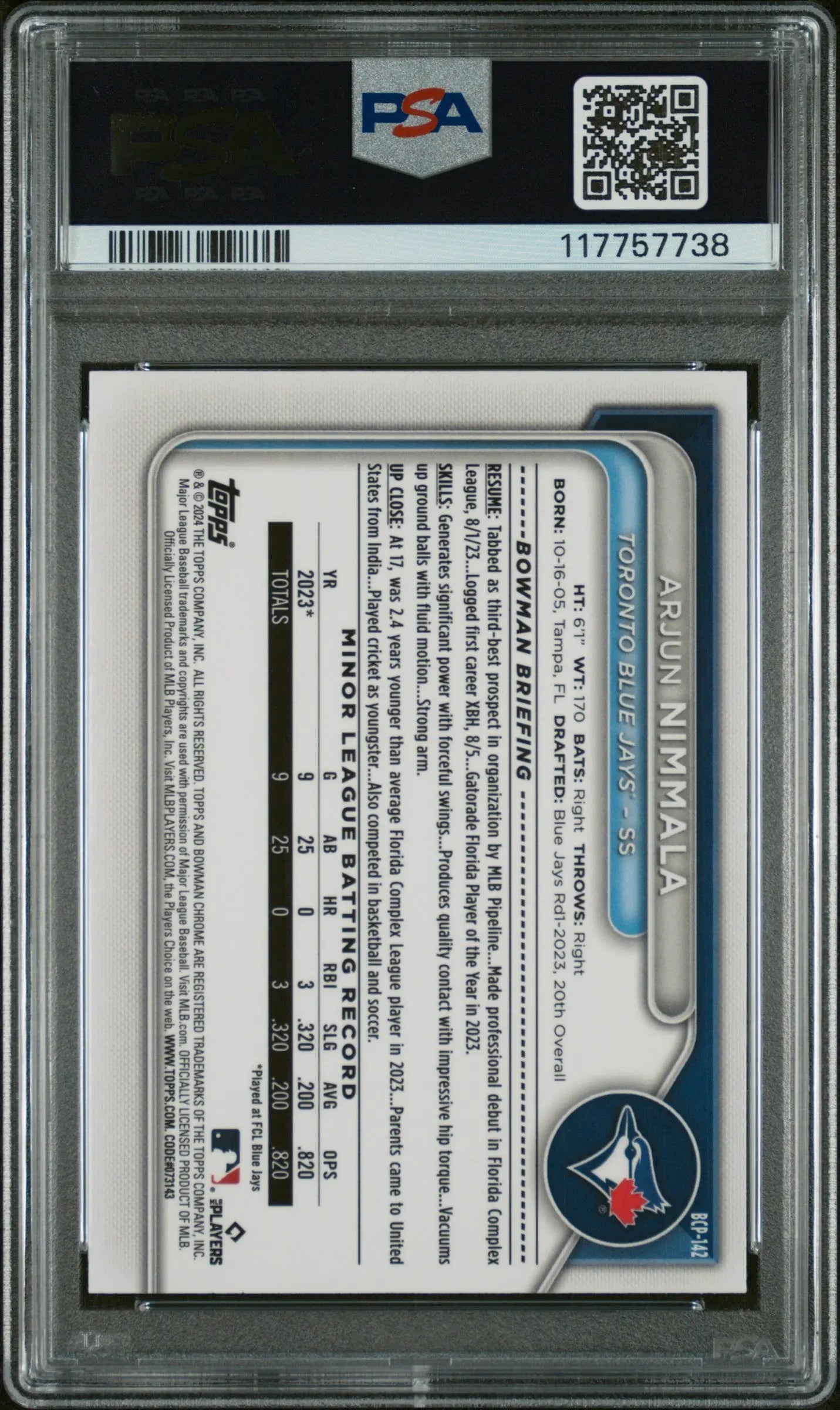 2024 Bowman Chrome Prospects Arjun Nimmala Prospects Blue Shimmer Ref /150 PSA 9 