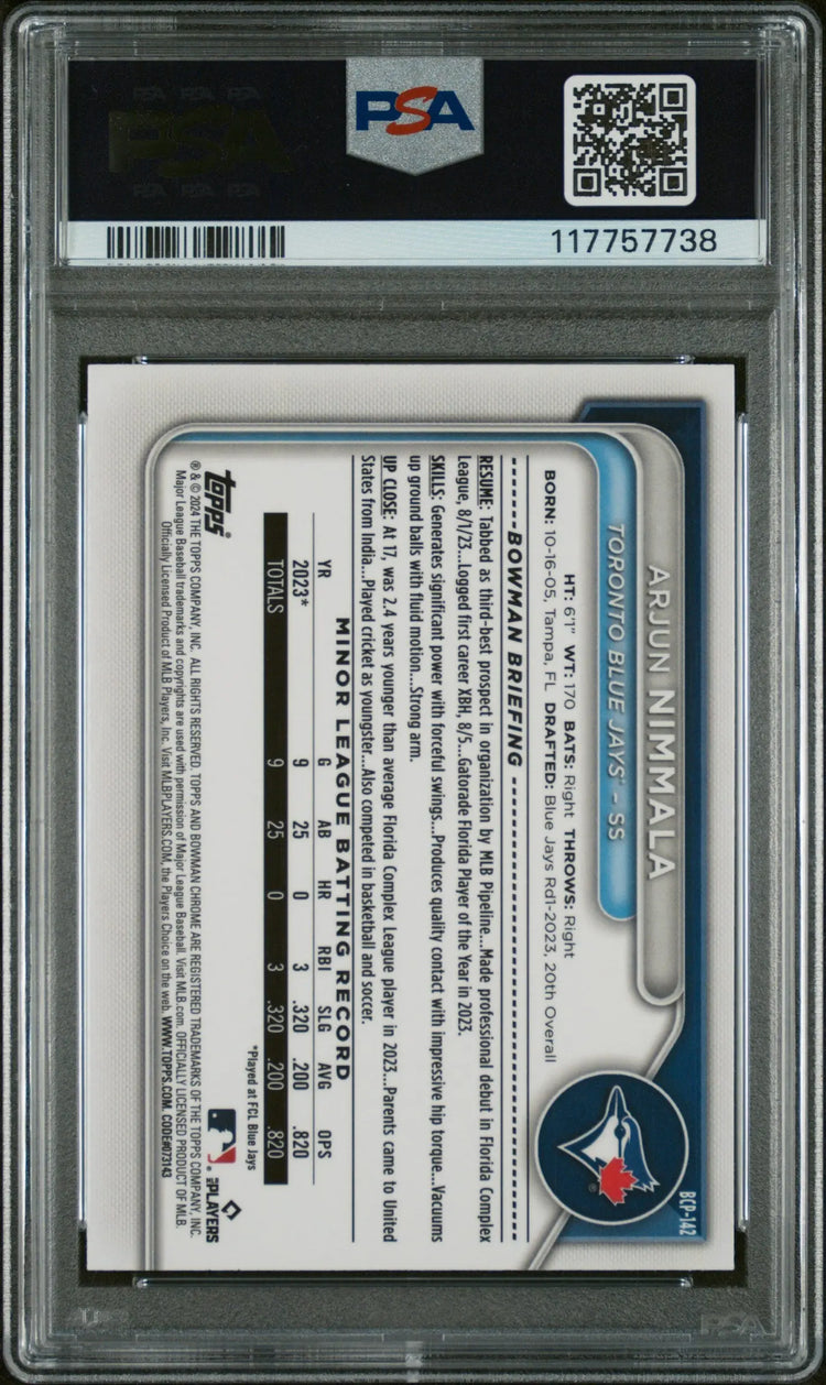 2024 Bowman Chrome Prospects Arjun Nimmala Prospects Blue Shimmer Ref /150 PSA 9 