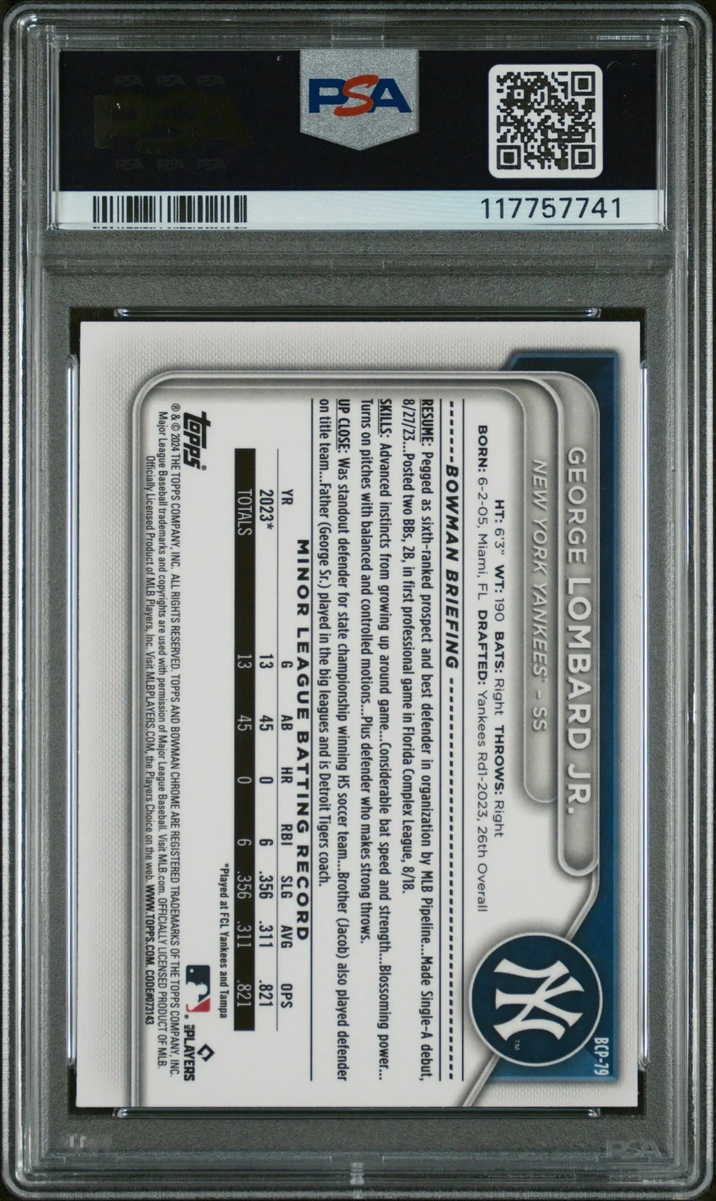 2024 Bowman Chrome Prospects George Lombard JR. Prspcts Lunar Glow Ref PSA 10 