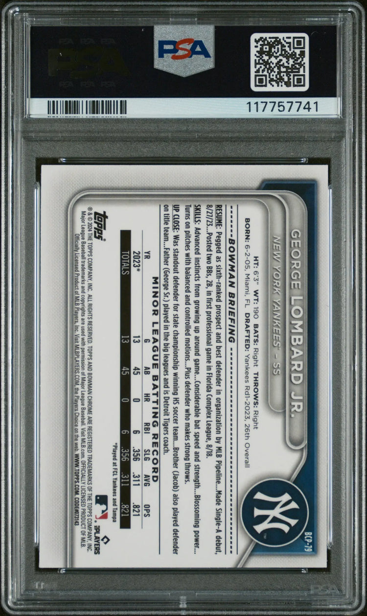 2024 Bowman Chrome Prospects George Lombard JR. Prspcts Lunar Glow Ref PSA 10 