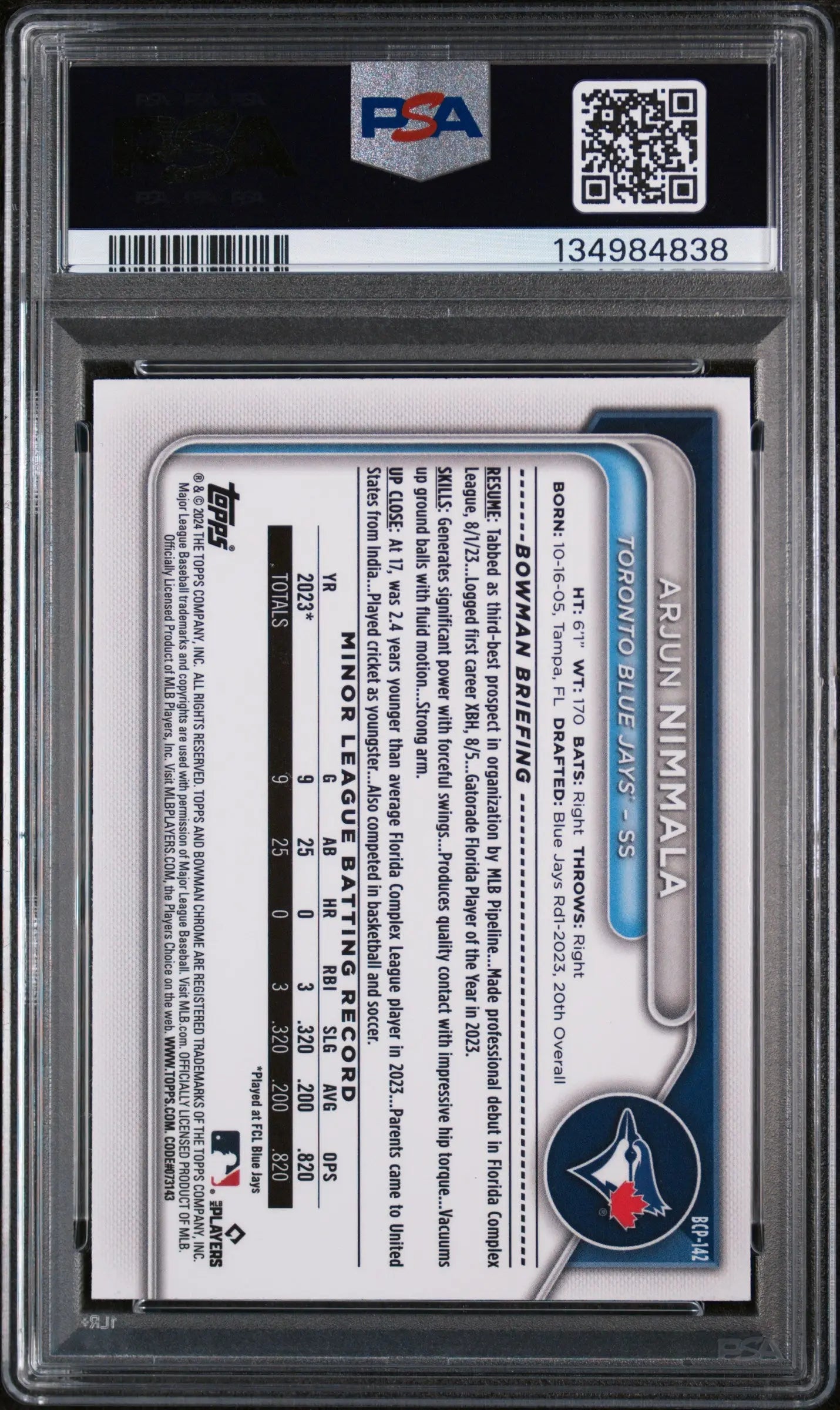 2024 Bowman Chrome Prospects Purple Raywave Arjun Nimmala /250 PSA 10 
