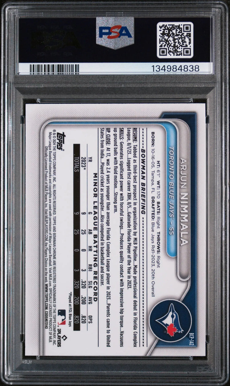 2024 Bowman Chrome Prospects Purple Raywave Arjun Nimmala /250 PSA 10 