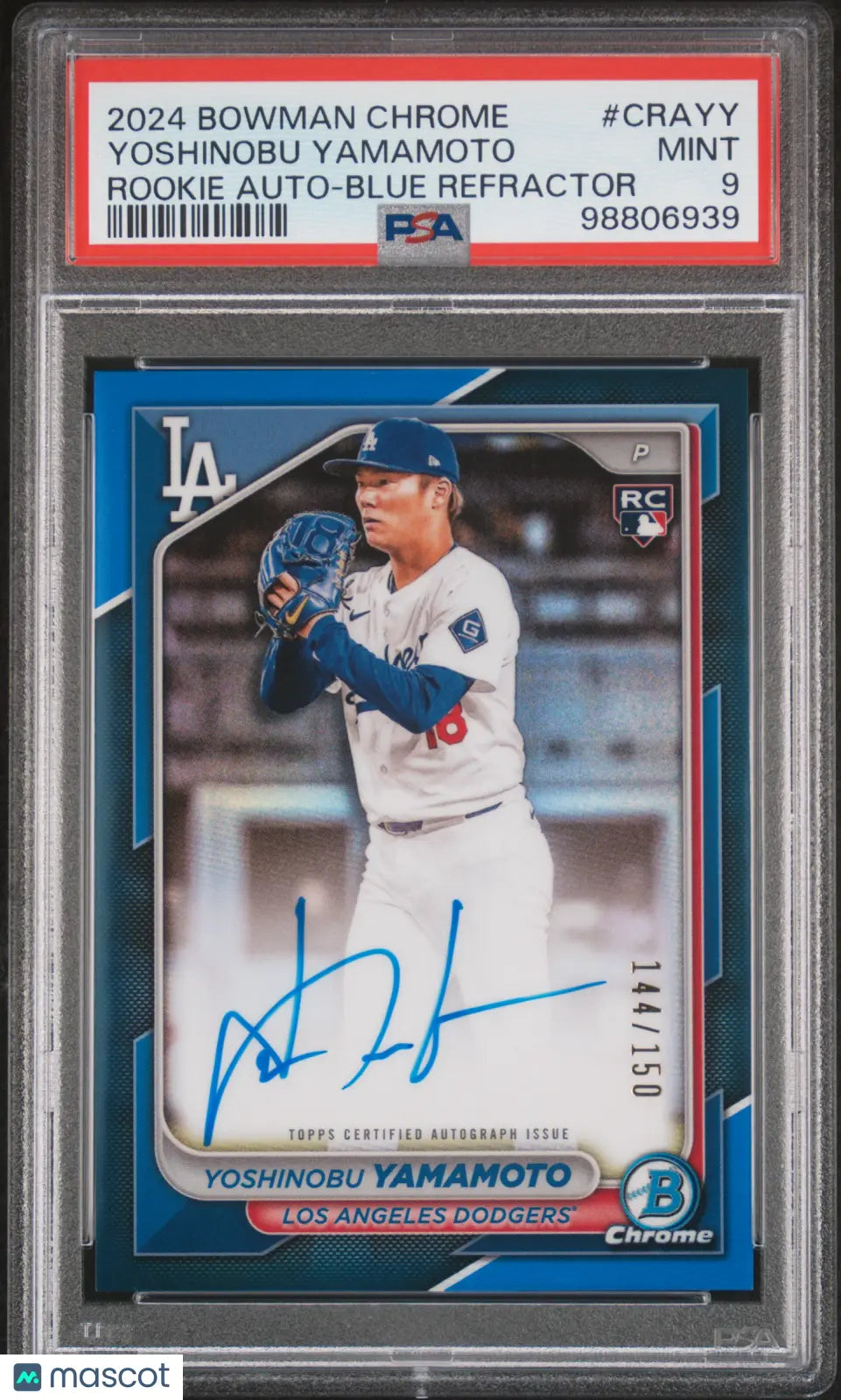 2024 Bowman Chrome RC Rookie Auto Yoshinobu Yamamoto Blue Refractor /150 PSA 9 