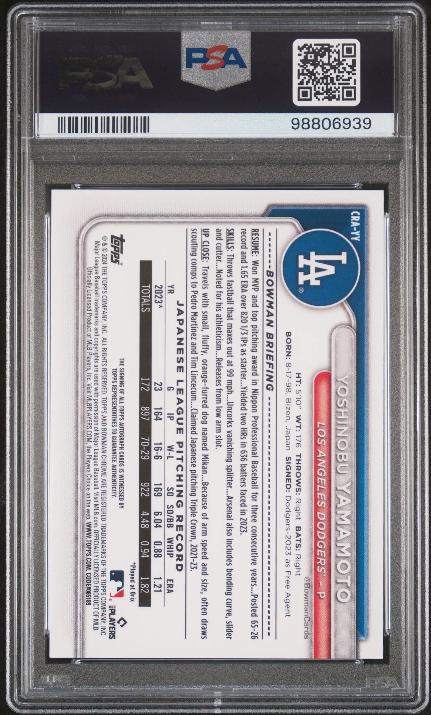 2024 Bowman Chrome RC Rookie Auto Yoshinobu Yamamoto Blue Refractor /150 PSA 9 