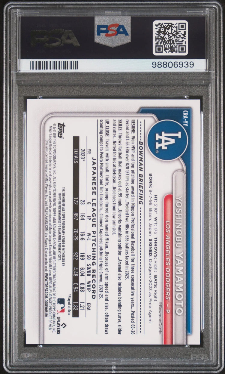 2024 Bowman Chrome RC Rookie Auto Yoshinobu Yamamoto Blue Refractor /150 PSA 9 