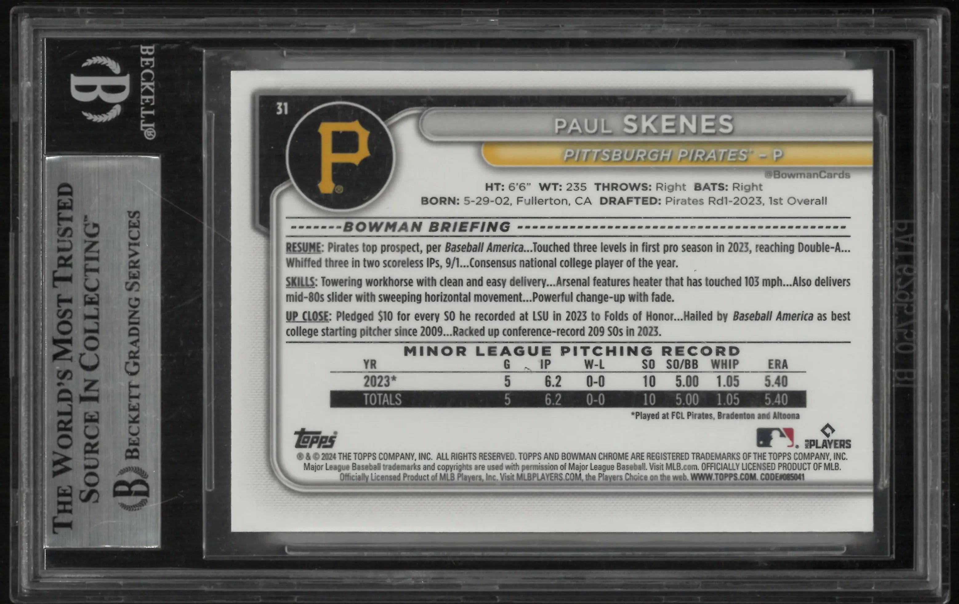 2024 Bowman Chrome Sapphire Yellow Refractors Paul Skenes RC Rookie BGS 9 /75 