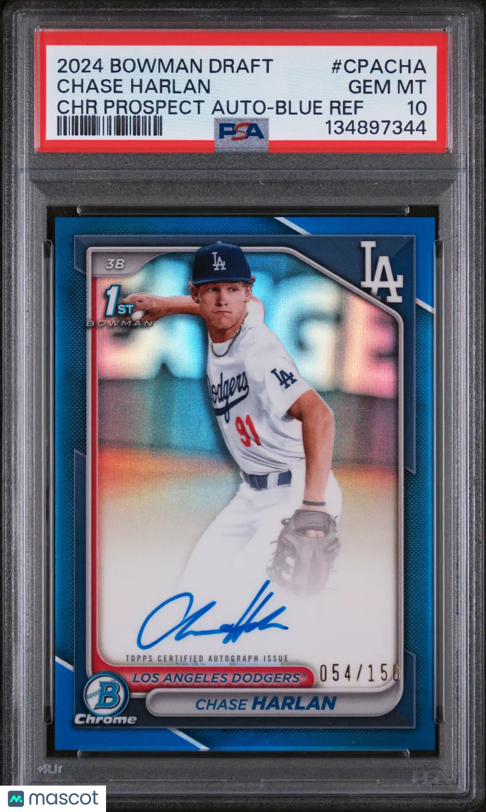 2024 Bowman Draft Chrome Prosp. Auto Chase Harlan RC Blue Refractor /150 PSA 10 
