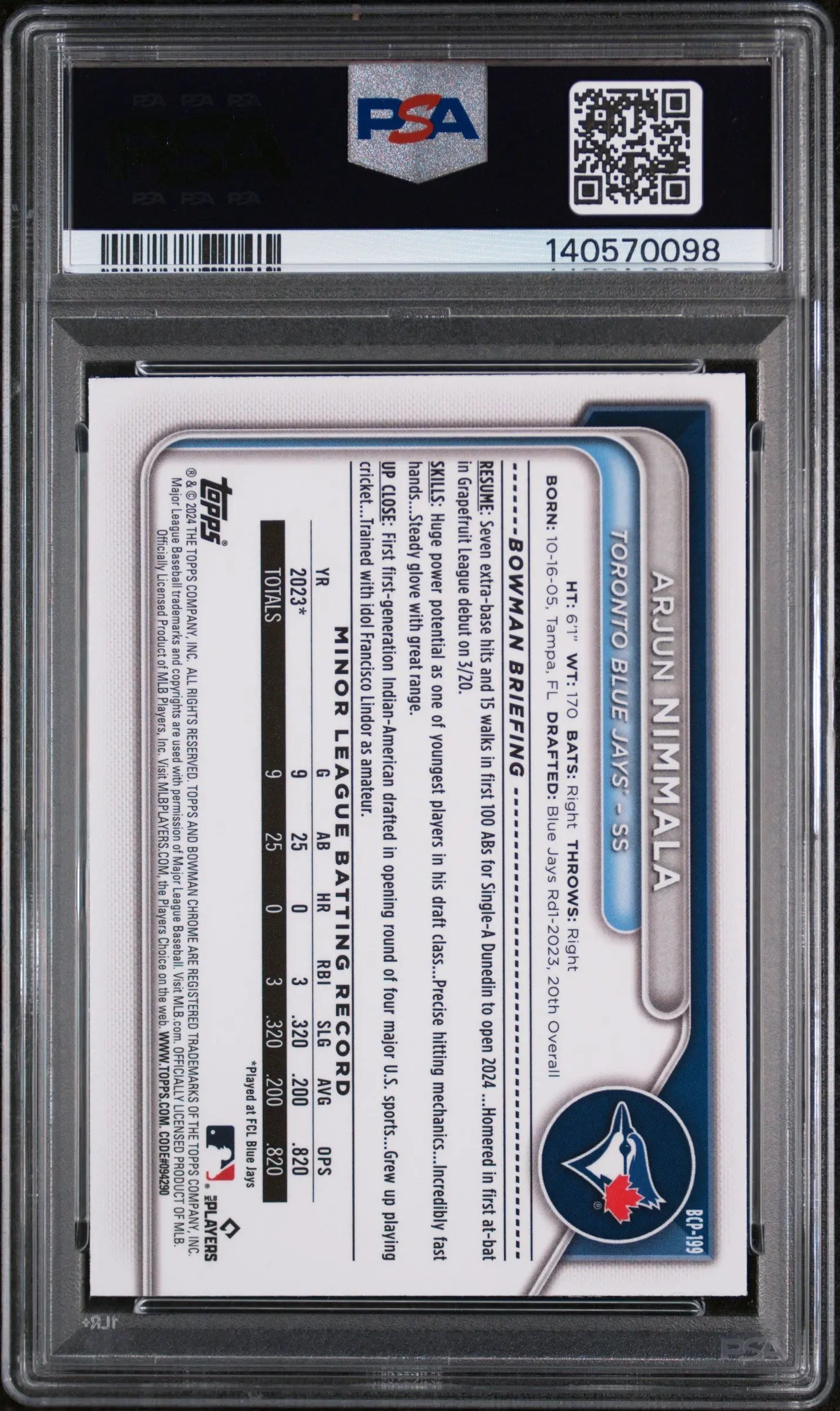 2024 Bowman Mega Box Chrome Prospects Arjun Nimmala PSA 9 