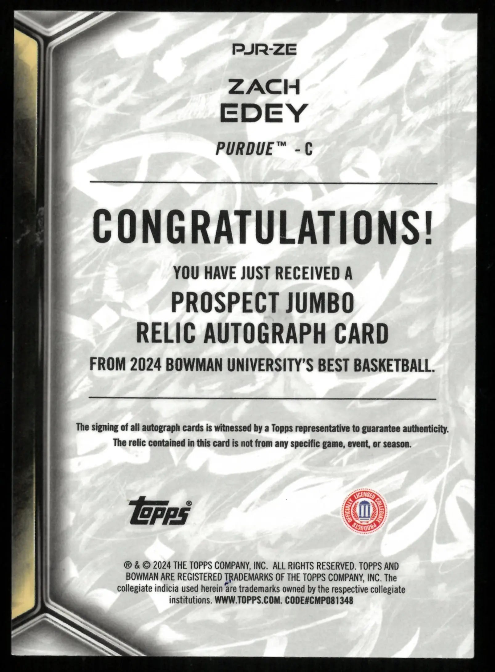 2024 Bowman University Best Player Worn Jumbo Patch Auto Zach Edey 