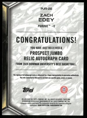 2024 Bowman University Best Player Worn Jumbo Patch Auto Zach Edey 