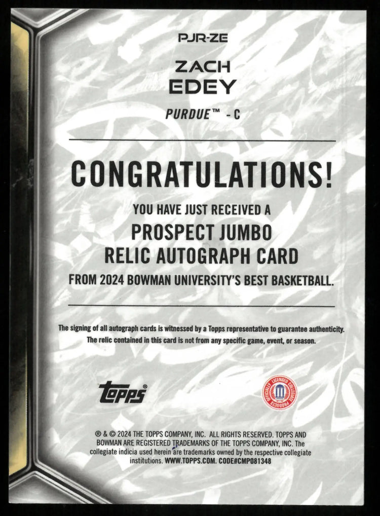 2024 Bowman University Best Player Worn Jumbo Patch Auto Zach Edey 