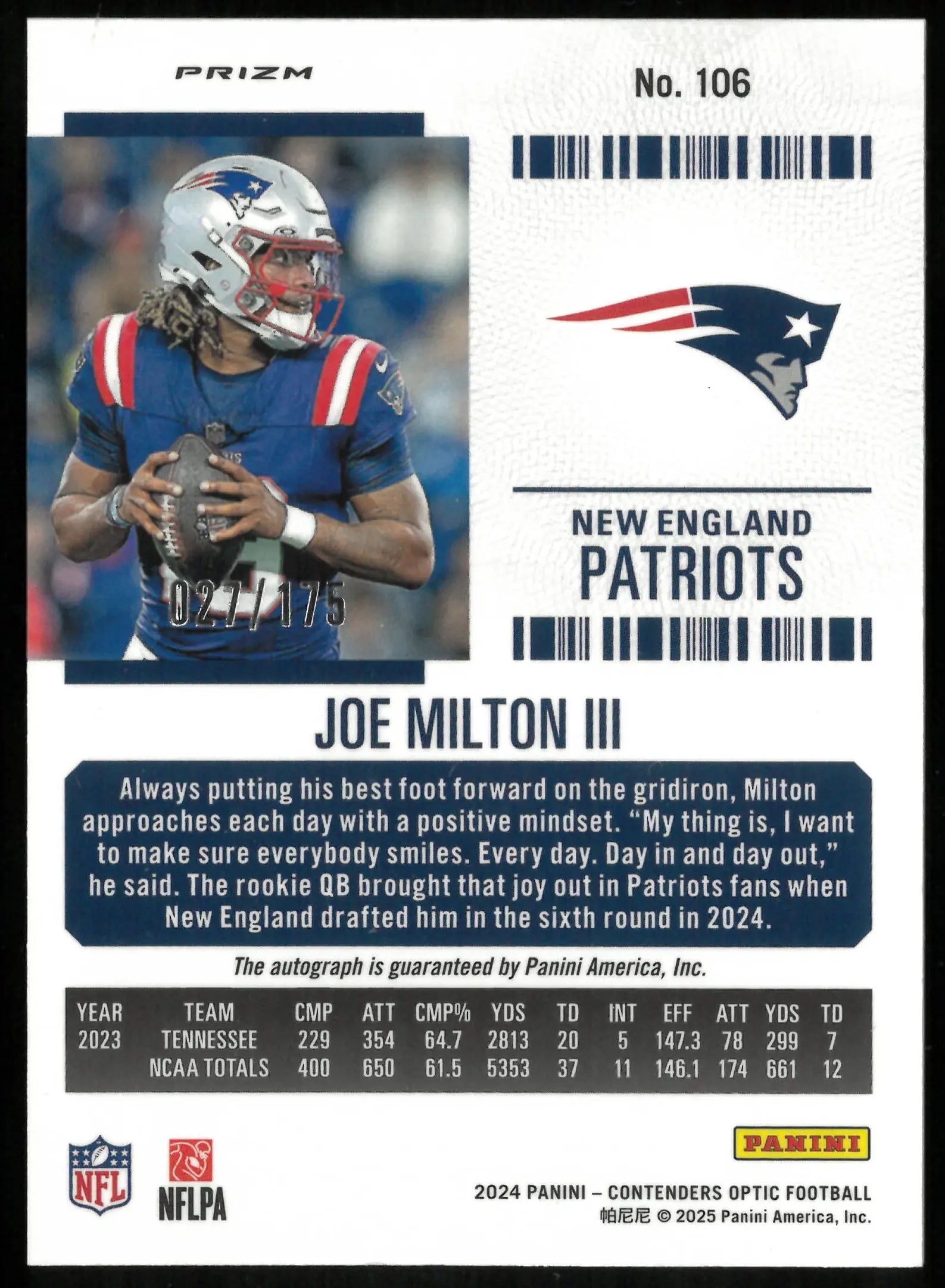2024 Contenders Optic Football Joe Milton III RC Rookie Ticket Auto /175 