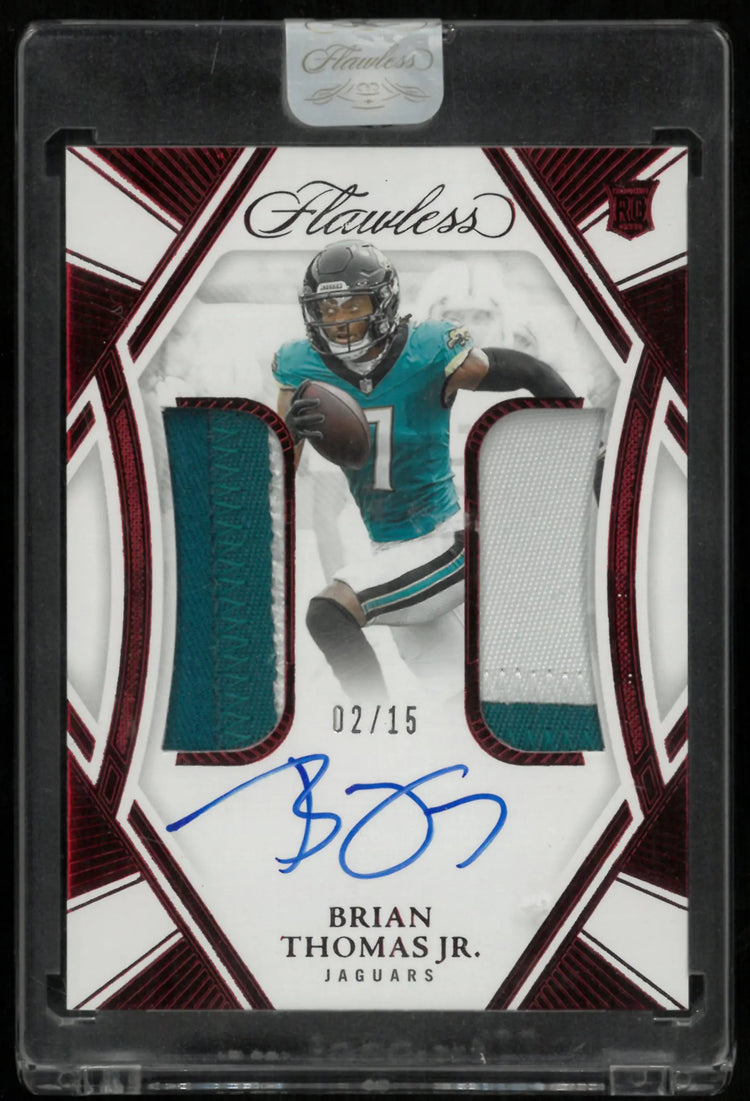 2024 Flawless Football Brain Thomas JR. RC Rookie Ruby Dual Patch Auto /15 