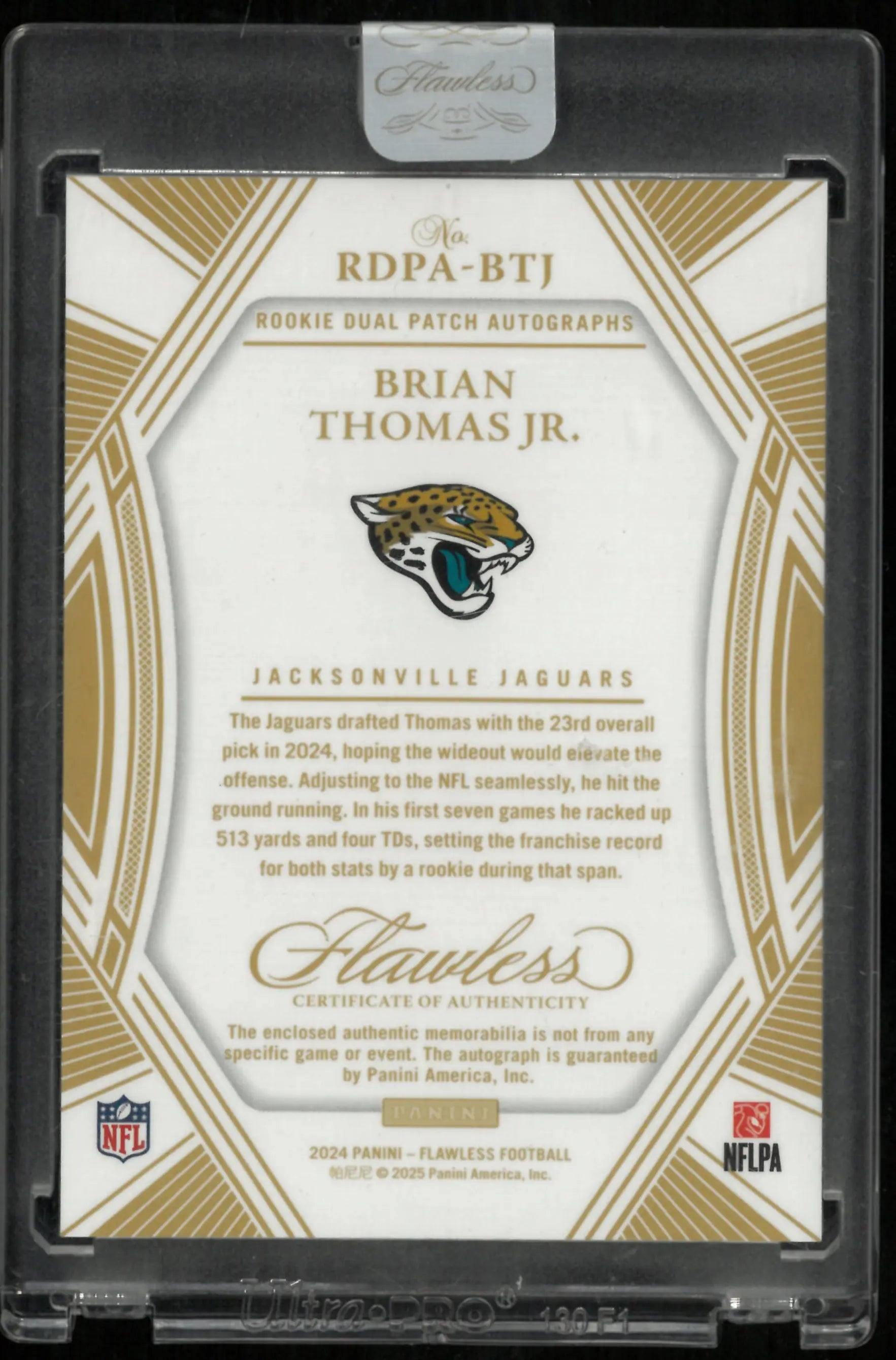 2024 Flawless Football Brain Thomas JR. RC Rookie Ruby Dual Patch Auto /15 