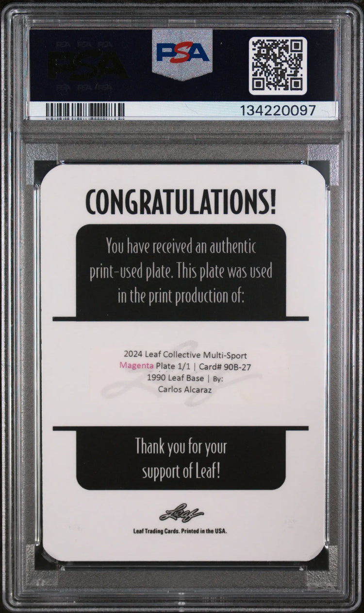 2024 Leaf Collective 1990 Leaf Carlos Alcaraz #90B27 Magenta PP 1/1 PSA A 
