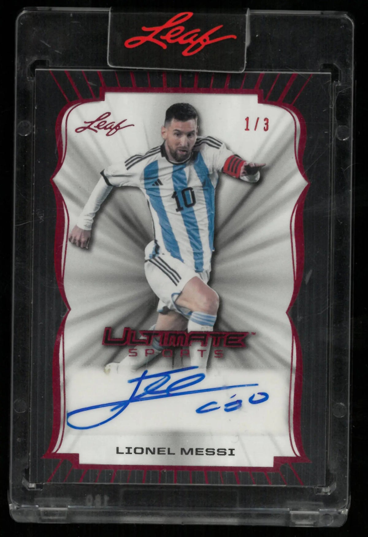 Messi Red Thread 2024 Leaf Ultimate Sport Messi Ruby Red Auto Card 1/3