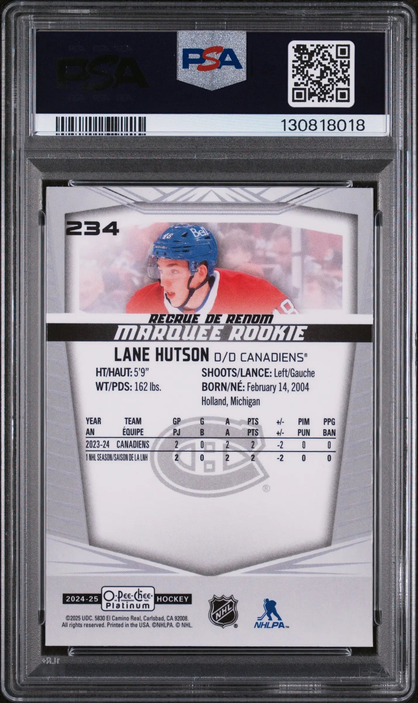 2024 O-Pee-Chee Platinum Lane Hutson Marquee Rookie RC #234 PSA 10 
