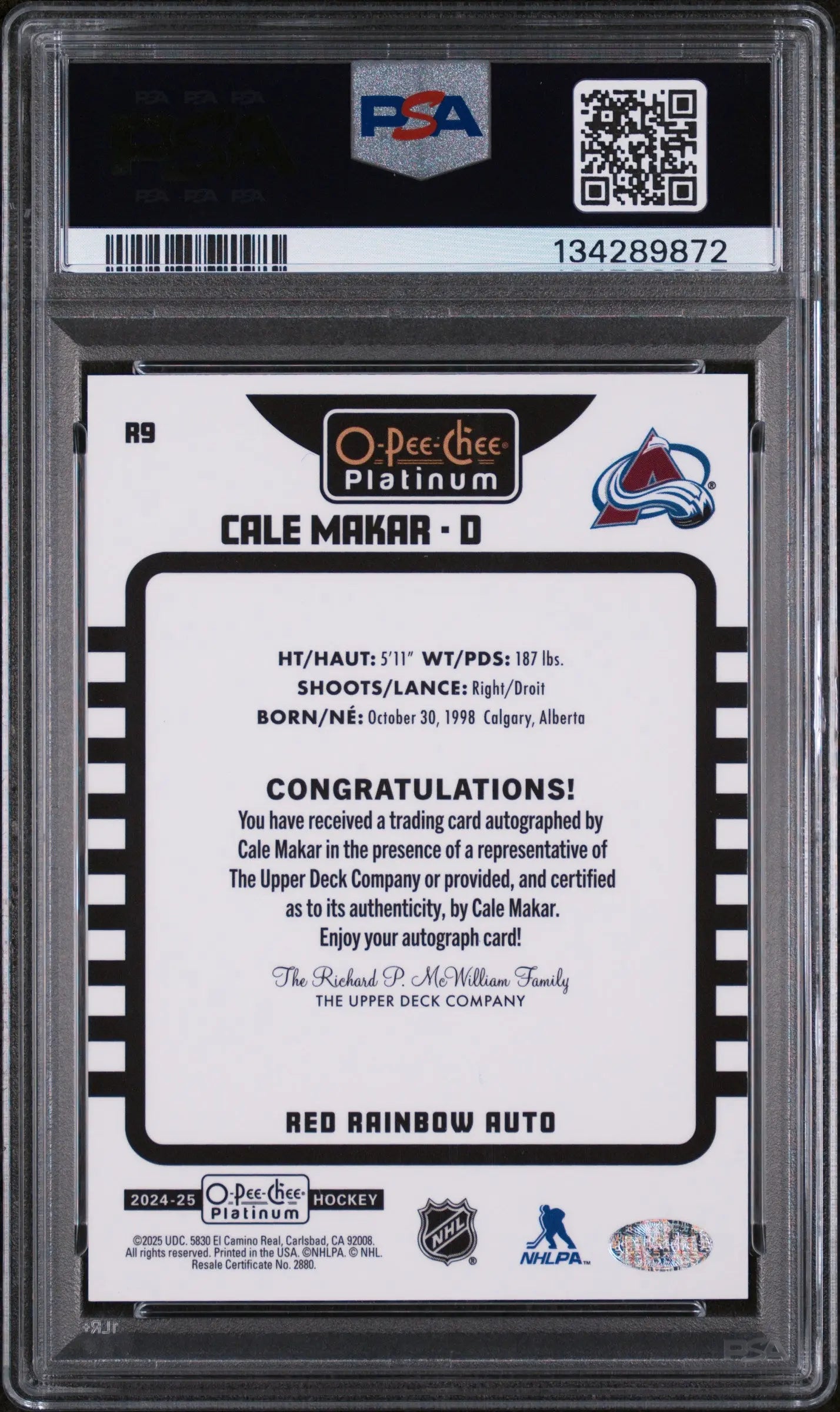 2024 O-Pee-Chee Platinum Retro Cale Makar Red Rainbow Auto PSA 9 