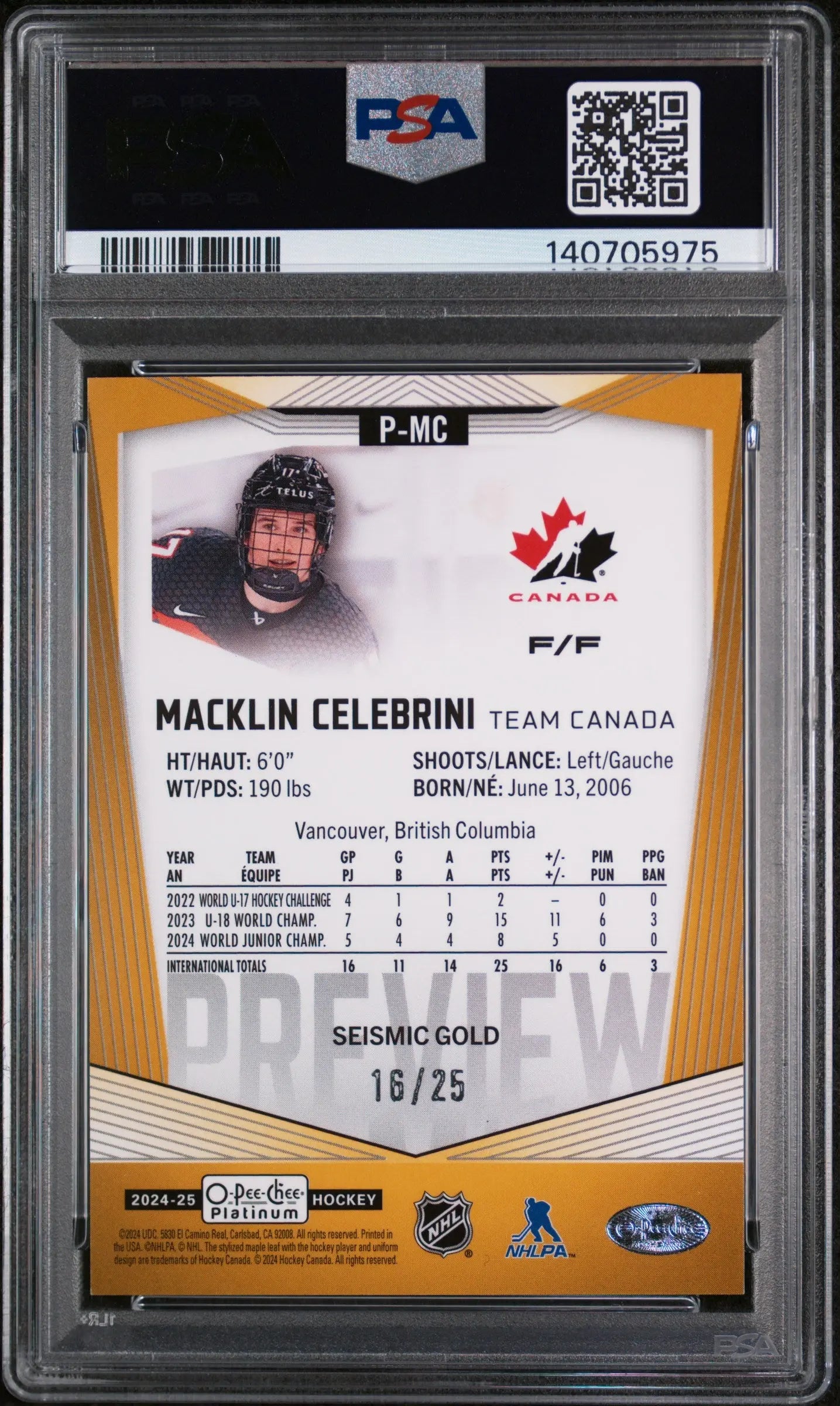 2024 O-Pee-Chee Platinum Seismic Gold Marquee RC Macklin Celebrini /25 PSA 10 