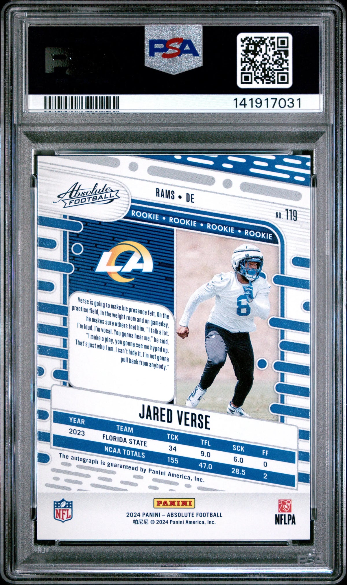 2024 Panini Absolute Rookie Autograph Jared Verse Auto RC PSA 10 