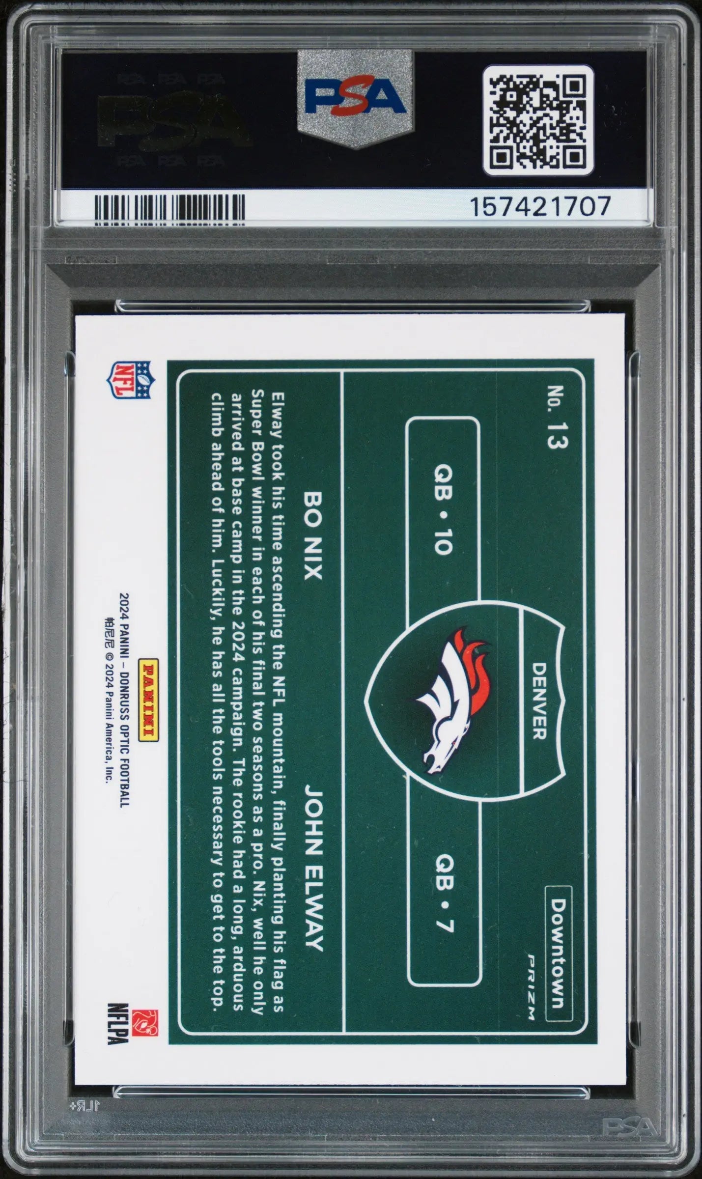 2024 Panini Donruss Optic Downtown Duos Bo Nix John Elway RC Rookie #13 PSA 9 