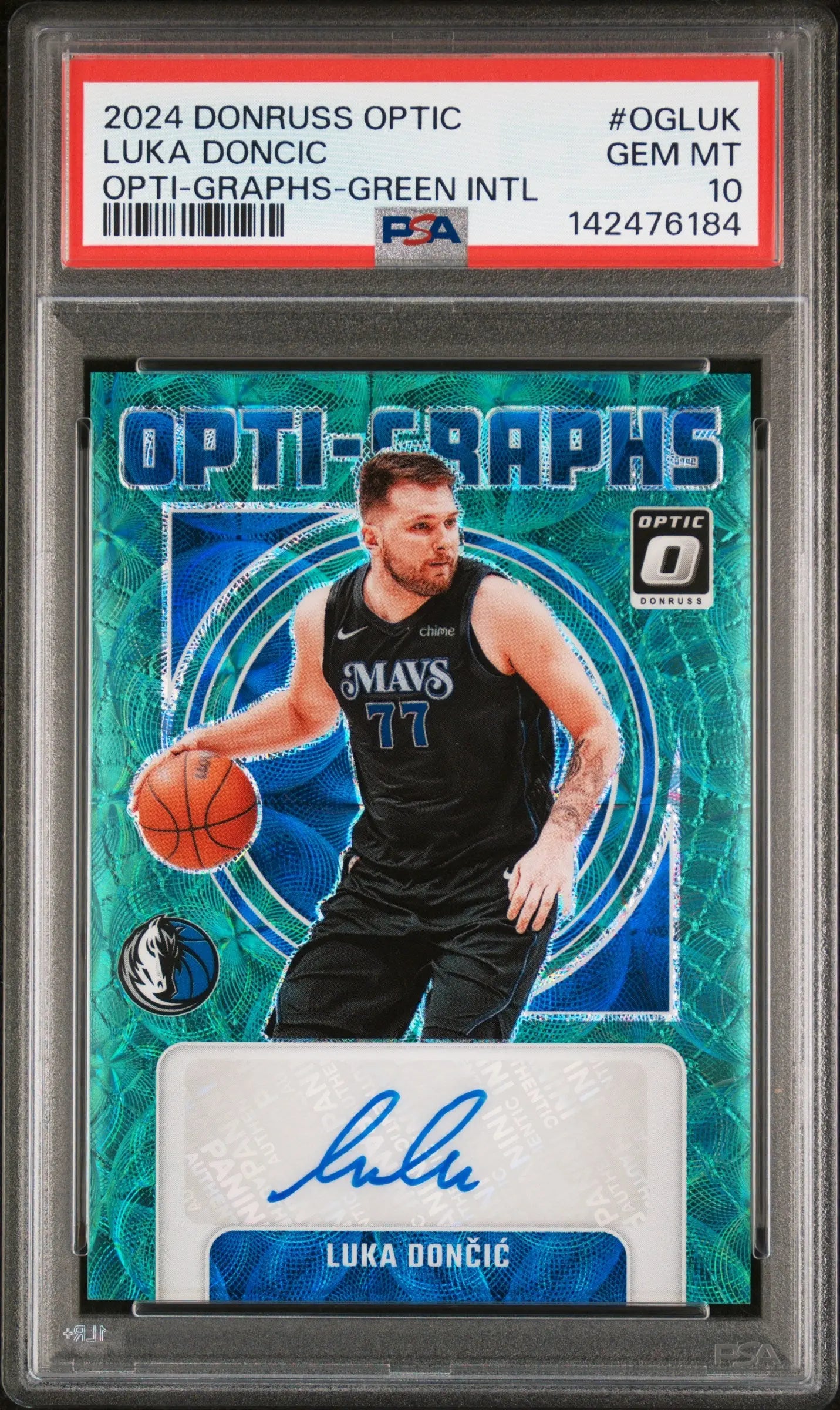 2024 Panini Donruss Optic Opti-Graphs Autograph Luka Doncic Green INTL/15 PSA 10 