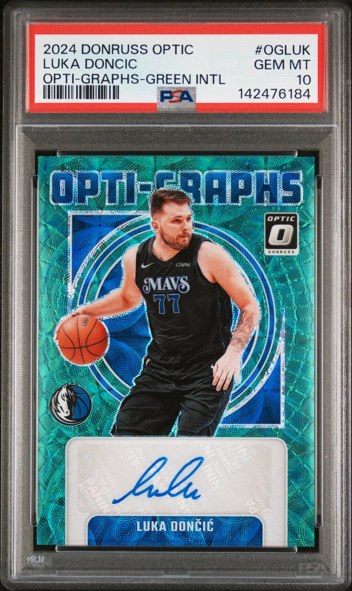 2024 Panini Donruss Optic Opti-Graphs Autograph Luka Doncic Green INTL/15 PSA 10 