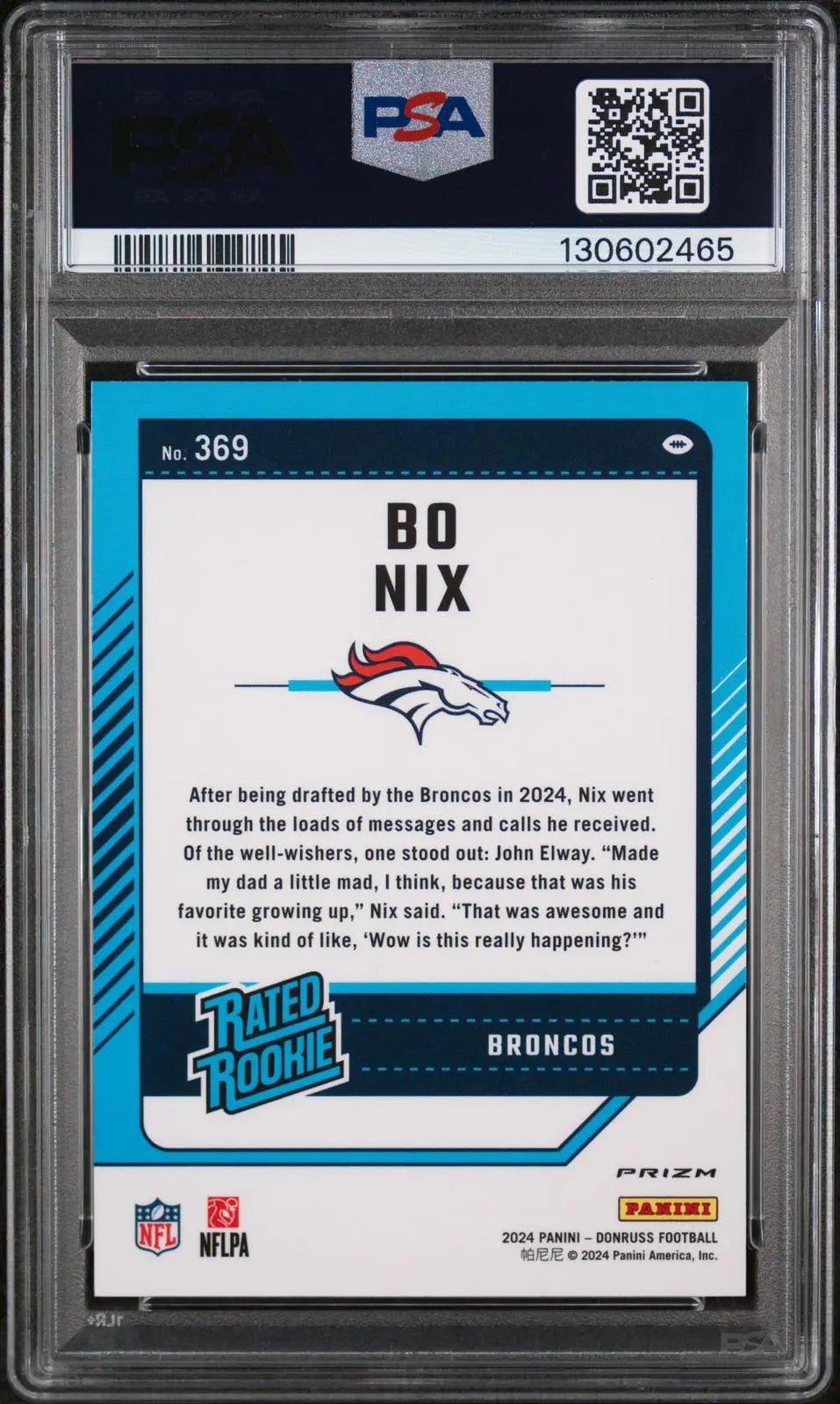 2024 Panini Donruss Rated Rookie Bo Nix Optic Preview-Pink RC PSA 9 