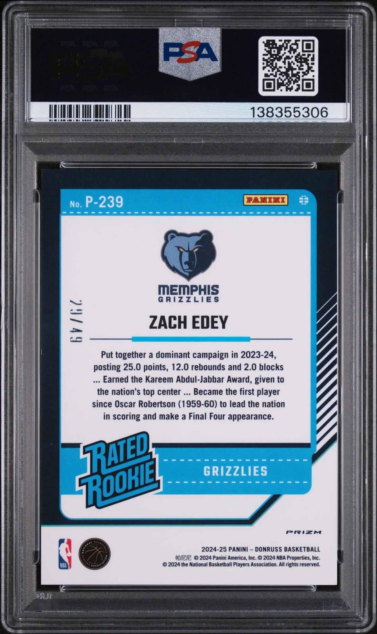 2024 Panini Donruss Zach Edey #239 Optic RR Preview Blue PSA 9 