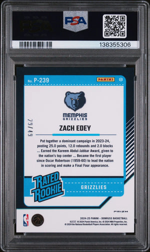 2024 Panini Donruss Zach Edey #239 Optic RR Preview Blue PSA 9 