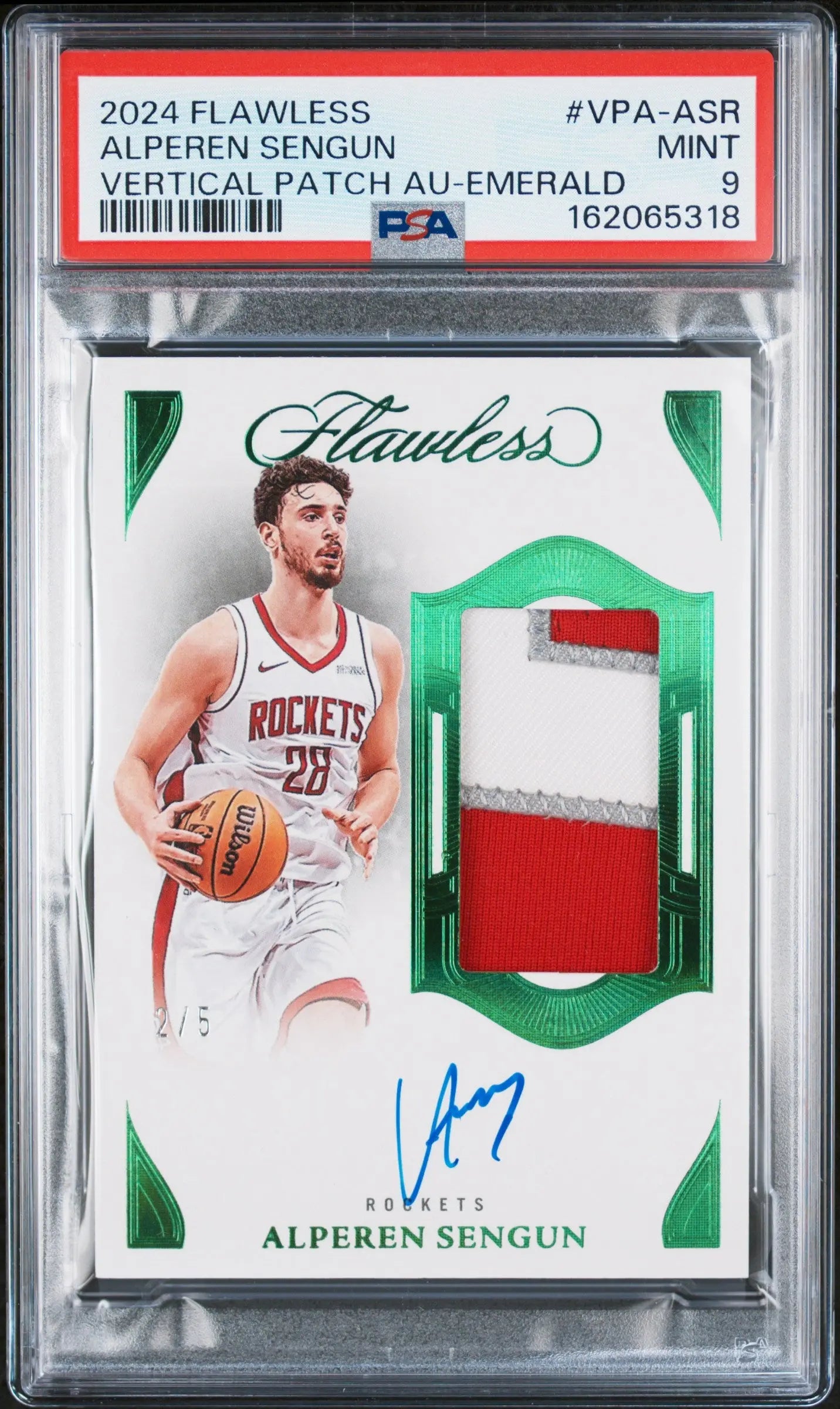 2024 Panini Flawless Vertical Patch Auto Alperen Sengun Emerald /5 PSA 9 