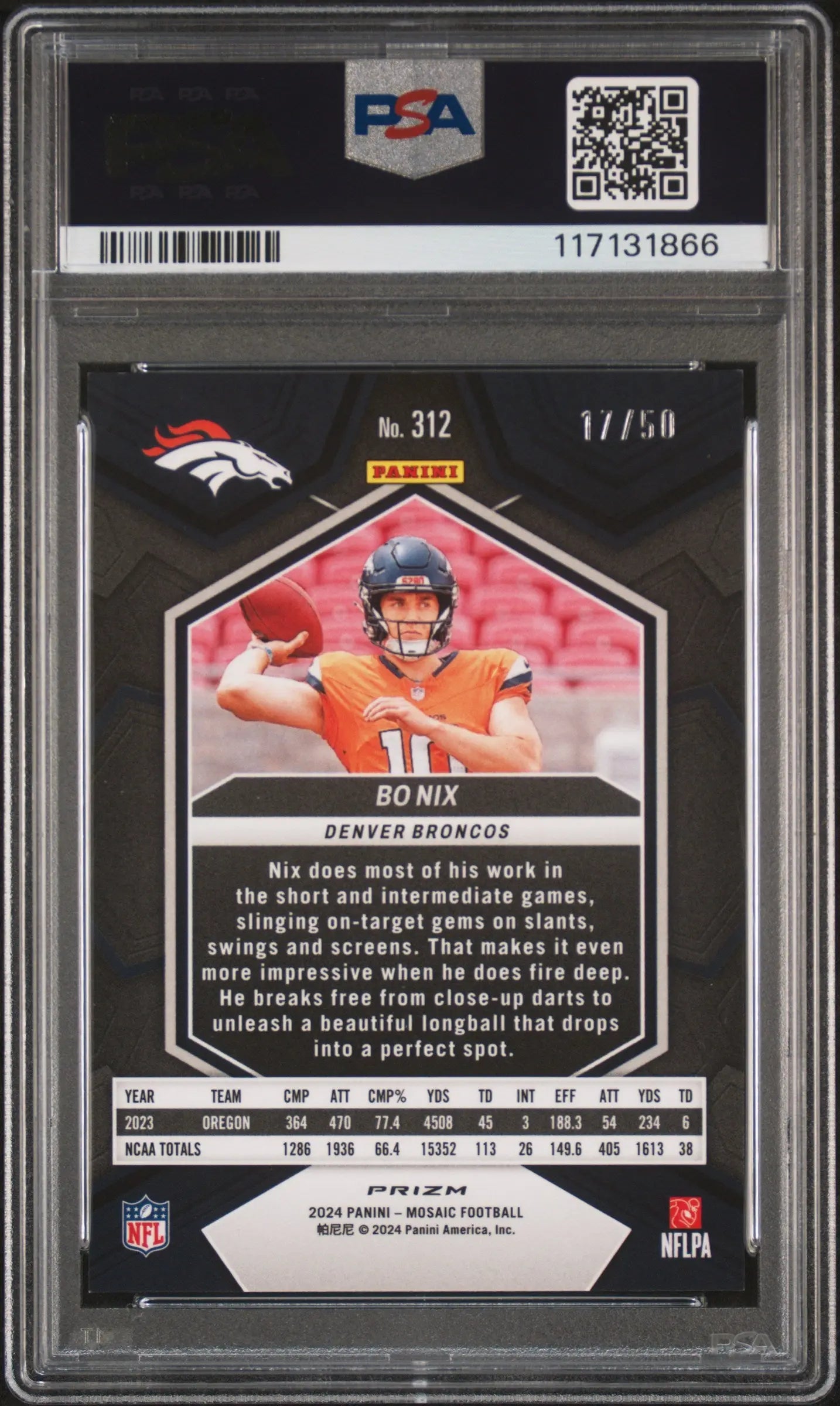 2024 Panini Mosaic Bo Nix RC Rookie Purple No Huddle PSA 9 /50 