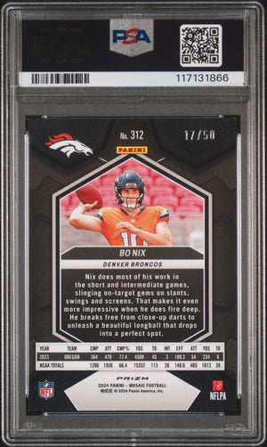 2024 Panini Mosaic Bo Nix RC Rookie Purple No Huddle PSA 9 /50 