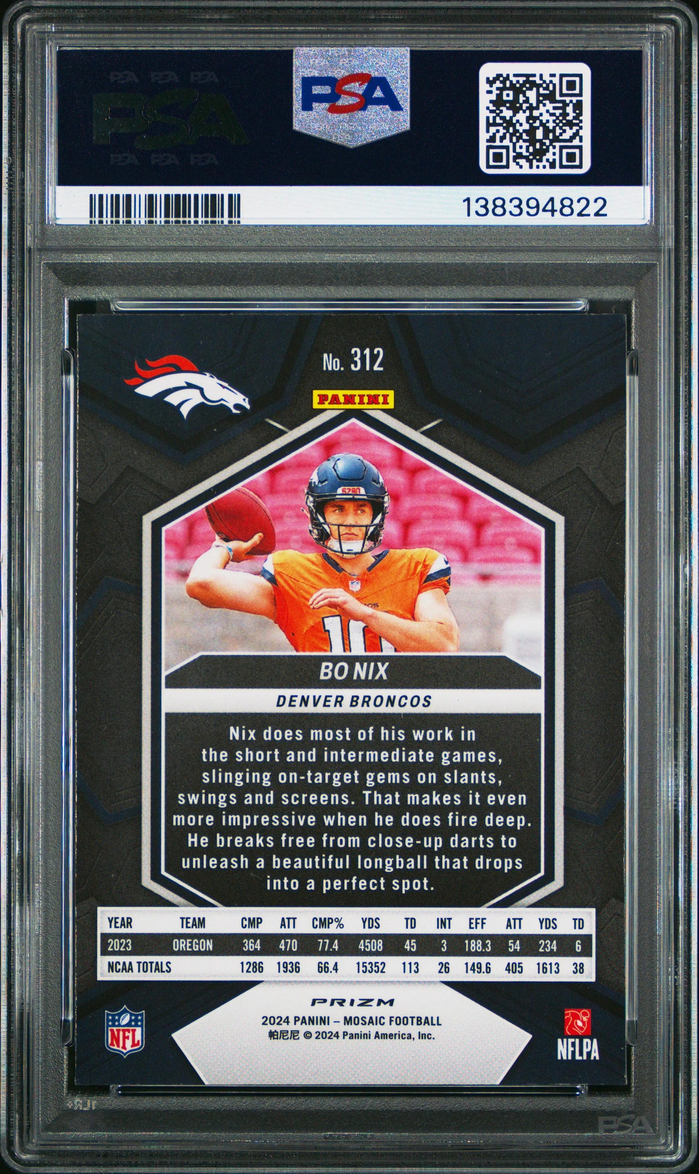 2024 Panini Mosaic Bo Nix #312 Genesis RC Rookie PSA 10 