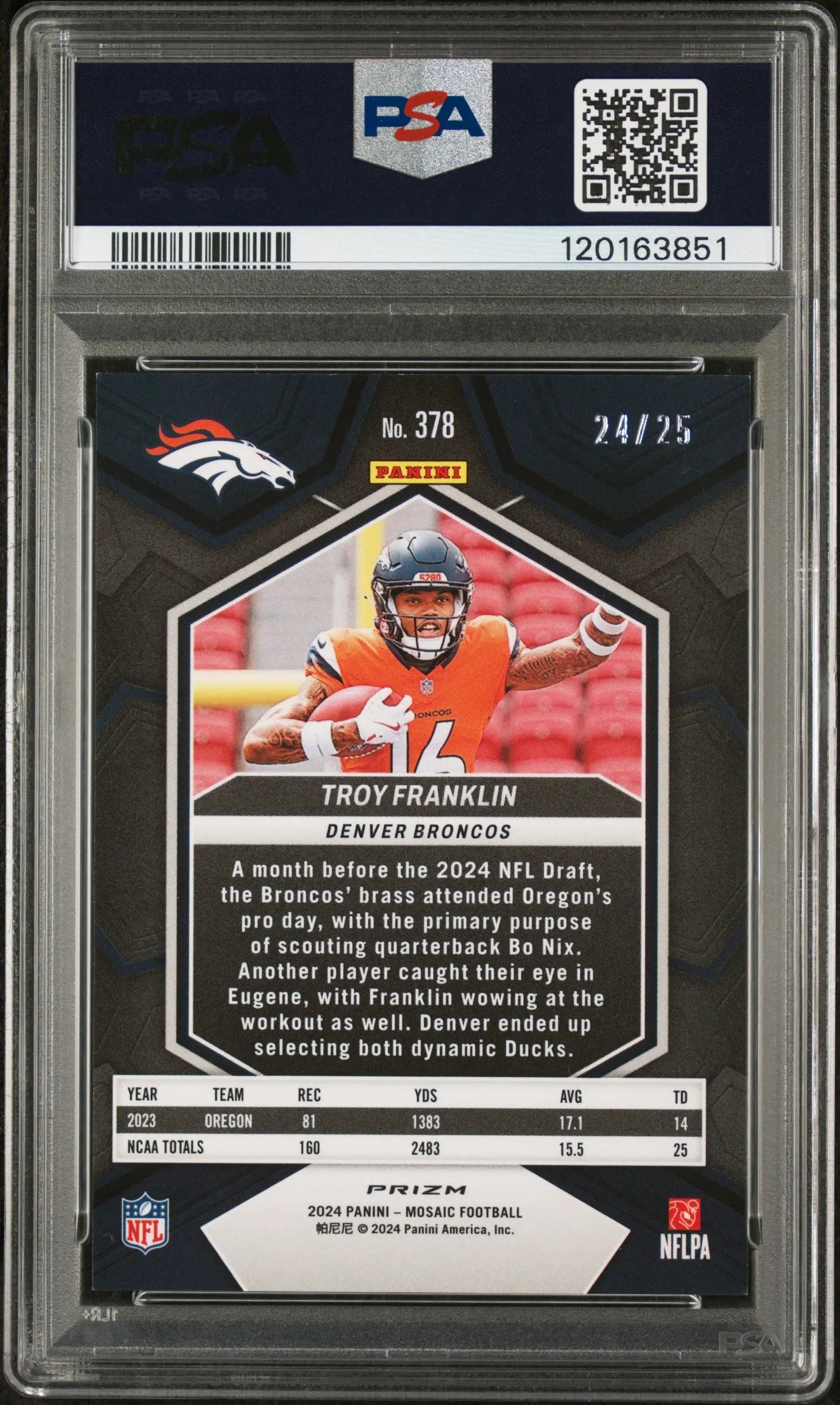 2024 Panini Mosaic Football Troy Franklin RC Rookie White Prizm PSA 8 /25 