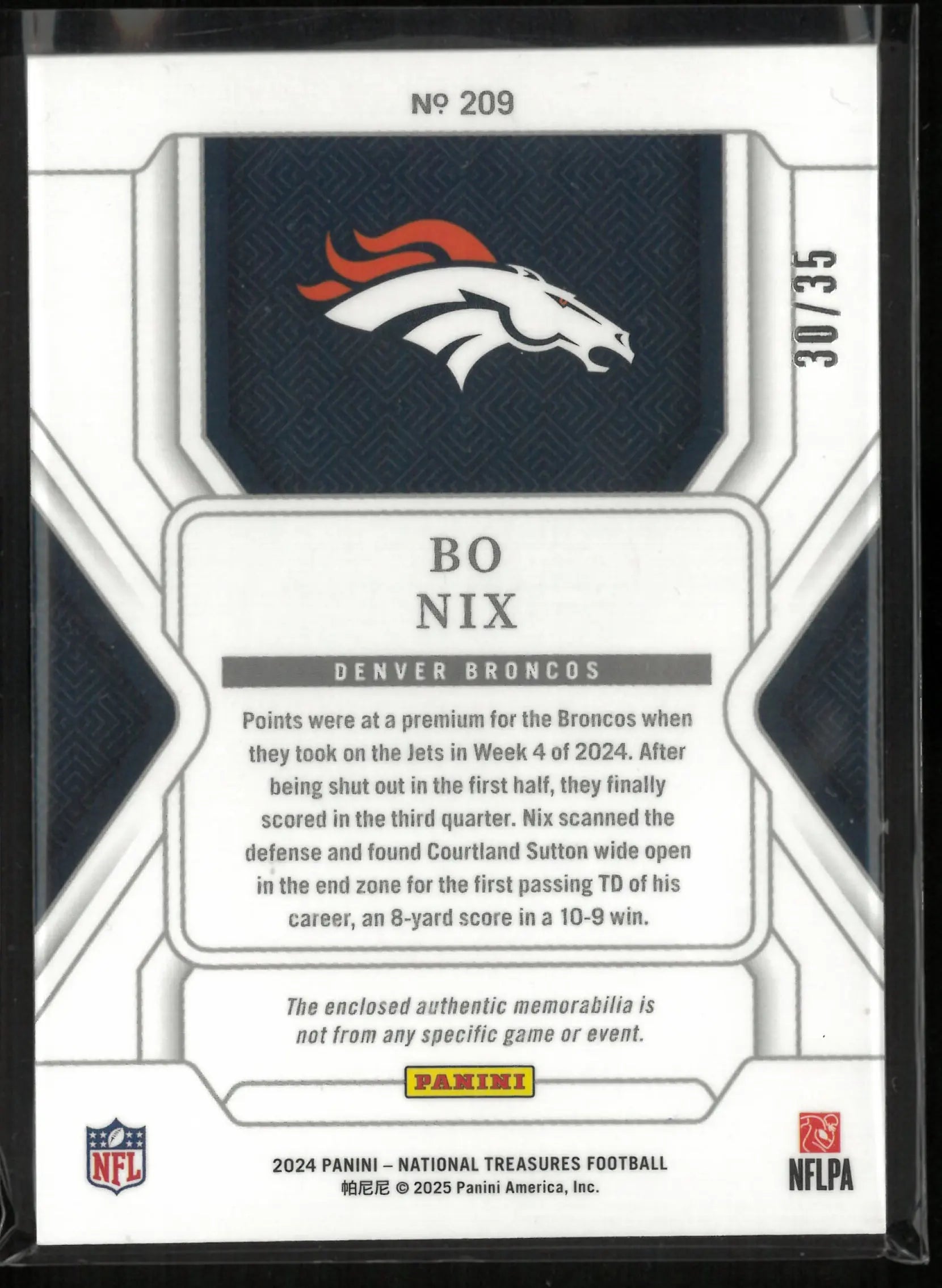 2024 Panini National Treasures Bo Nix Rookie Patch RC /35 