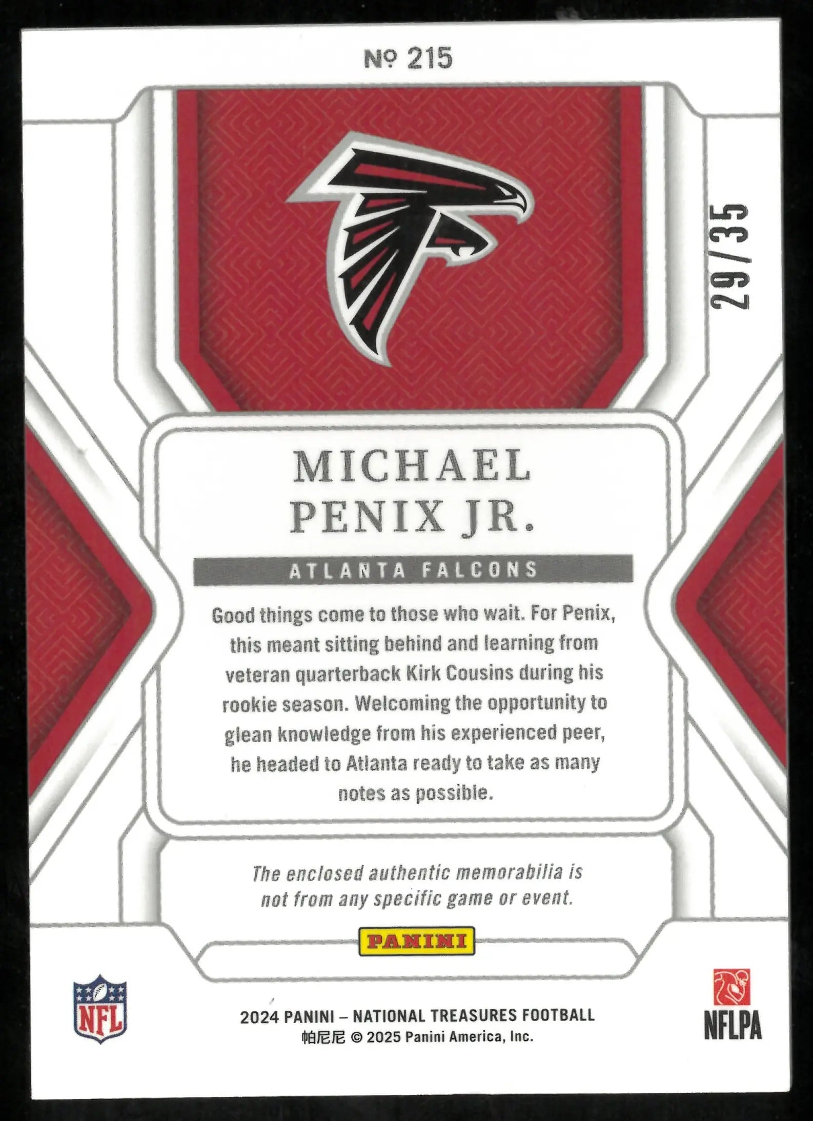 2024 Panini National Treasures Football Rookie Patch Michael Penix JR /35 