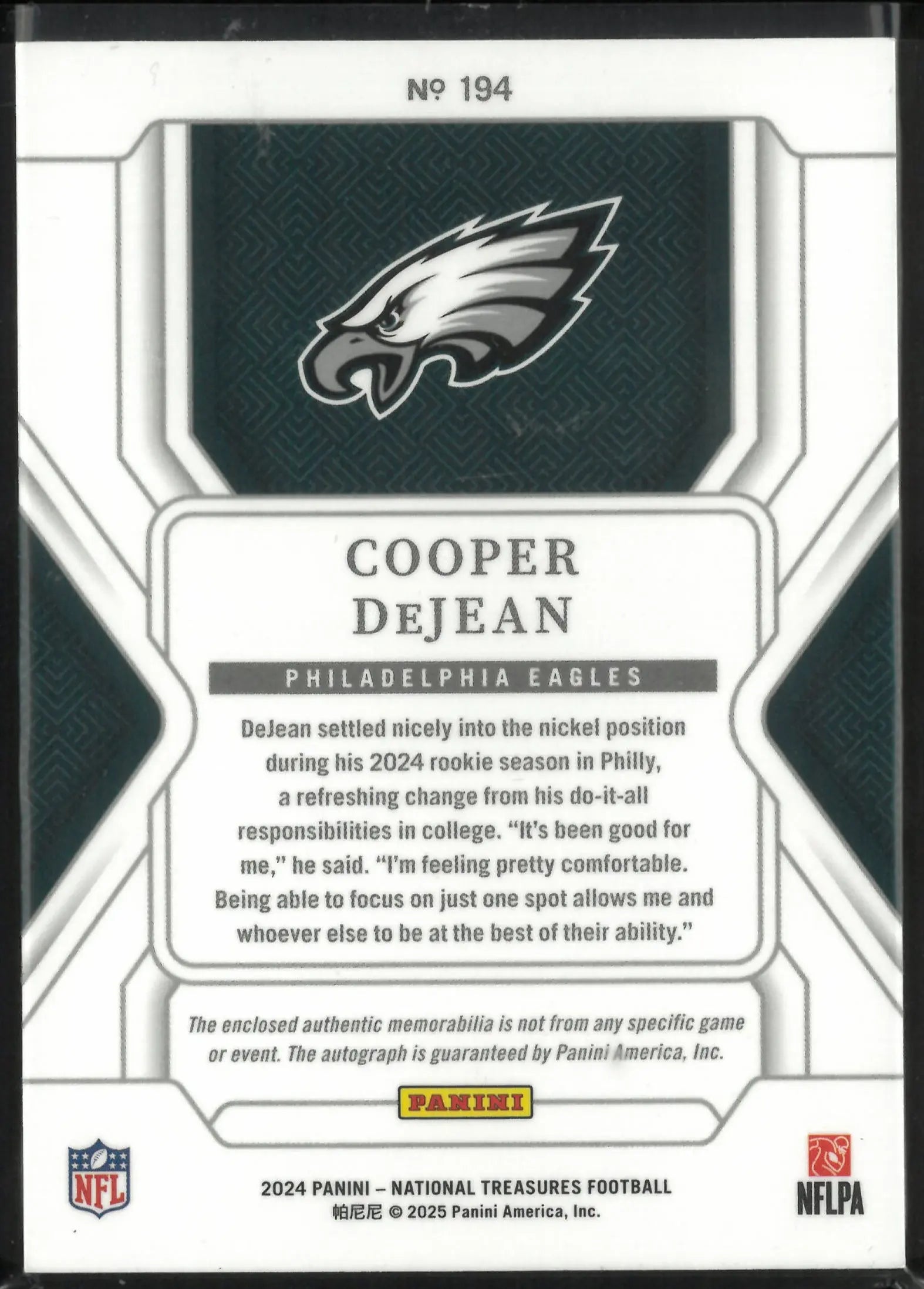 2024 Panini National Treasures Rookie Patch Autograph Cooper DeJean RC /99 