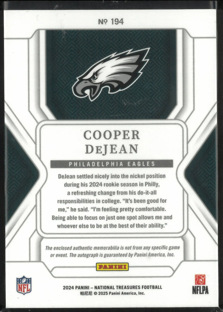 2024 Panini National Treasures Rookie Patch Autograph Cooper DeJean RC /99 