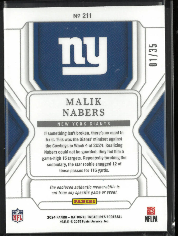 2024 Panini National Treasures Rookie Patch Malik Nabers /35 RC 